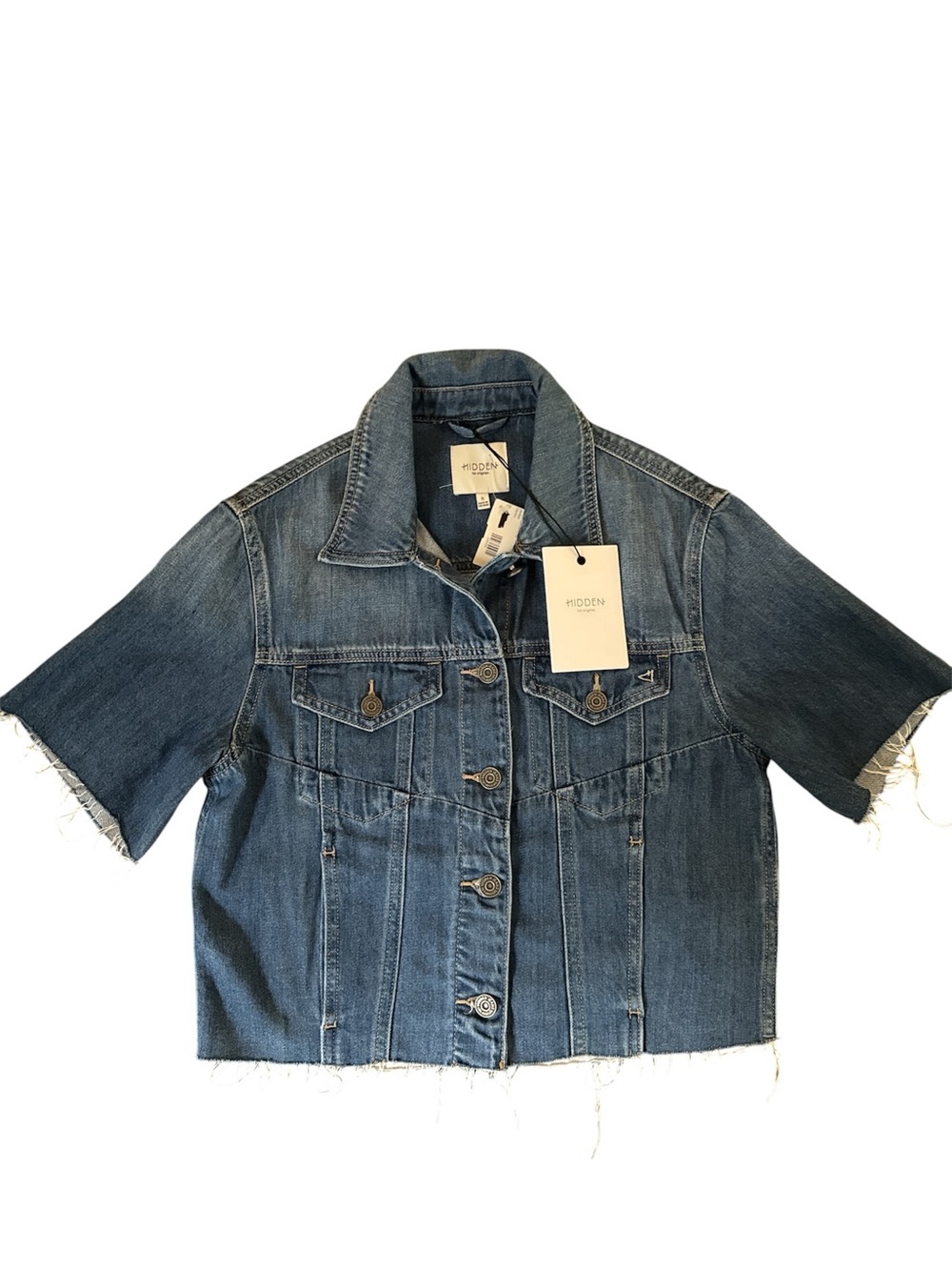 🔥NWT🔥 Hidden Los Angeles Cropped Denim Jacket Raw Hem Short Sleeve Size S